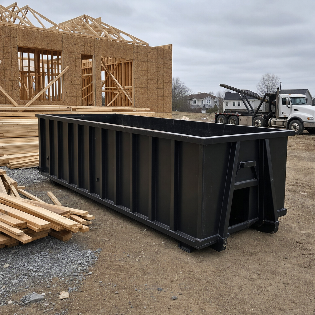 Matte-black 40-yard roll-off dumpster staged on a framed-out residential construction site in Elk Grove, framing lumber stacked nearby, hooklift delivery truck visible in the background under bright Colorado daylight