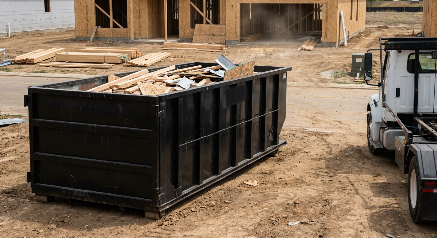 Matte-black 20-yard roll-off construction dumpster with heavy ribbed steel sidewalls and swing rear doors at a working jobsite in Elk Grove, sitting directly on compacted dirt with an unmarked white hauler partially visible at the far edge of the frame.
