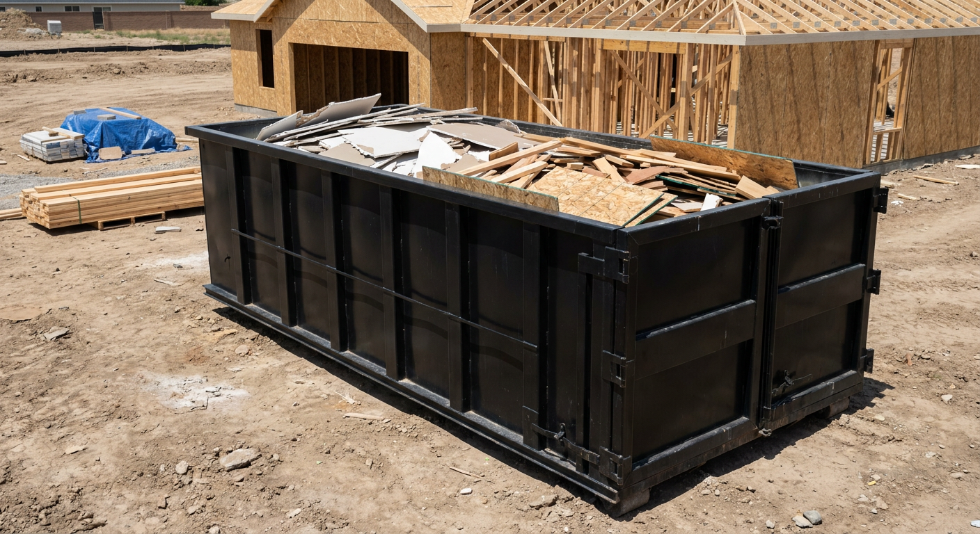 Matte-black 30-yard roll-off construction dumpster sitting directly on the compacted-dirt site of a framed single-family home build in Elk Grove, drywall and lumber scrap loaded inside.