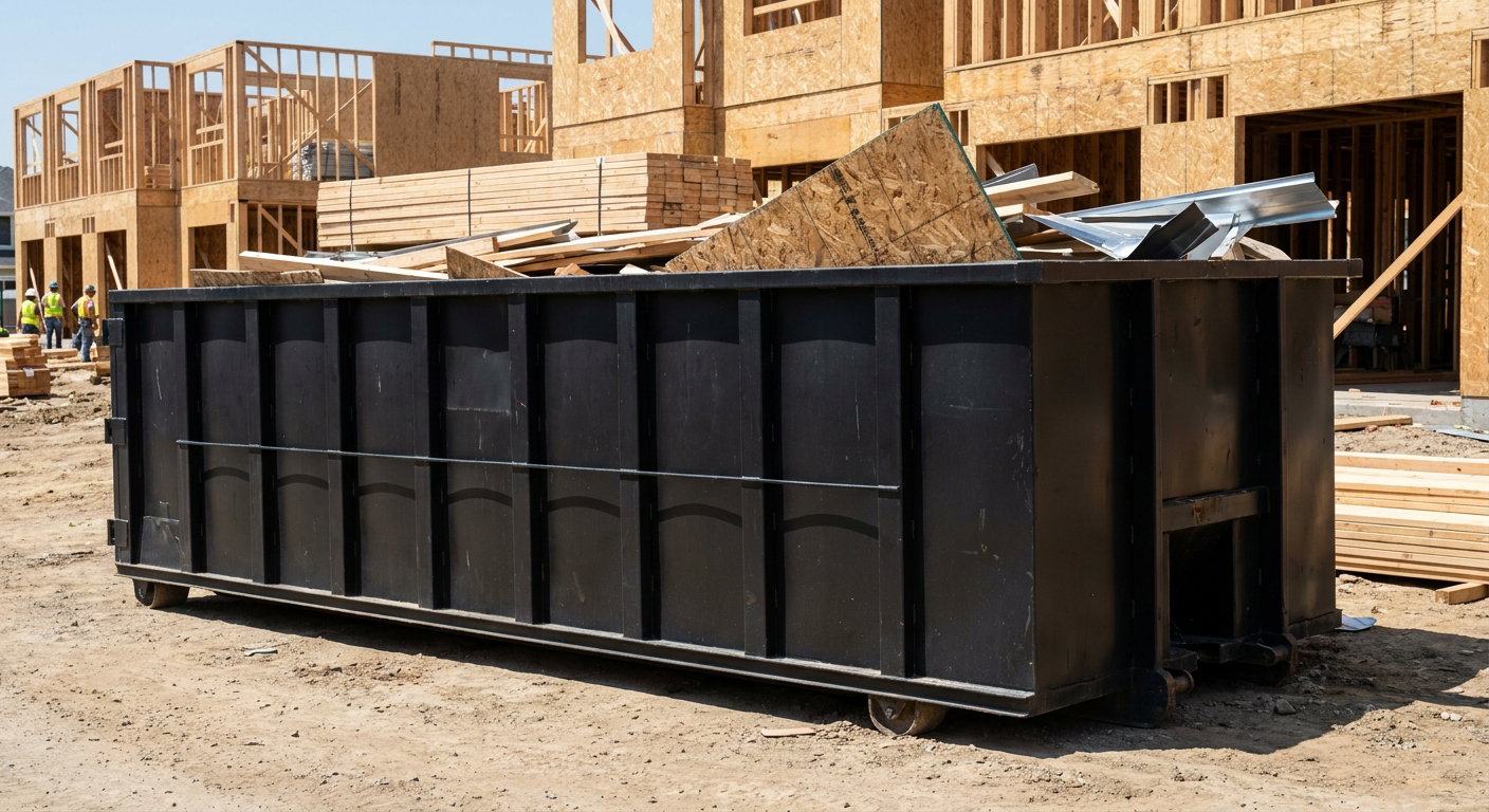 Matte-black 40-yard roll-off construction dumpster being lowered from a white-cab hooklift delivery truck onto the compacted-dirt jobsite at a commercial build site in Elk Grove