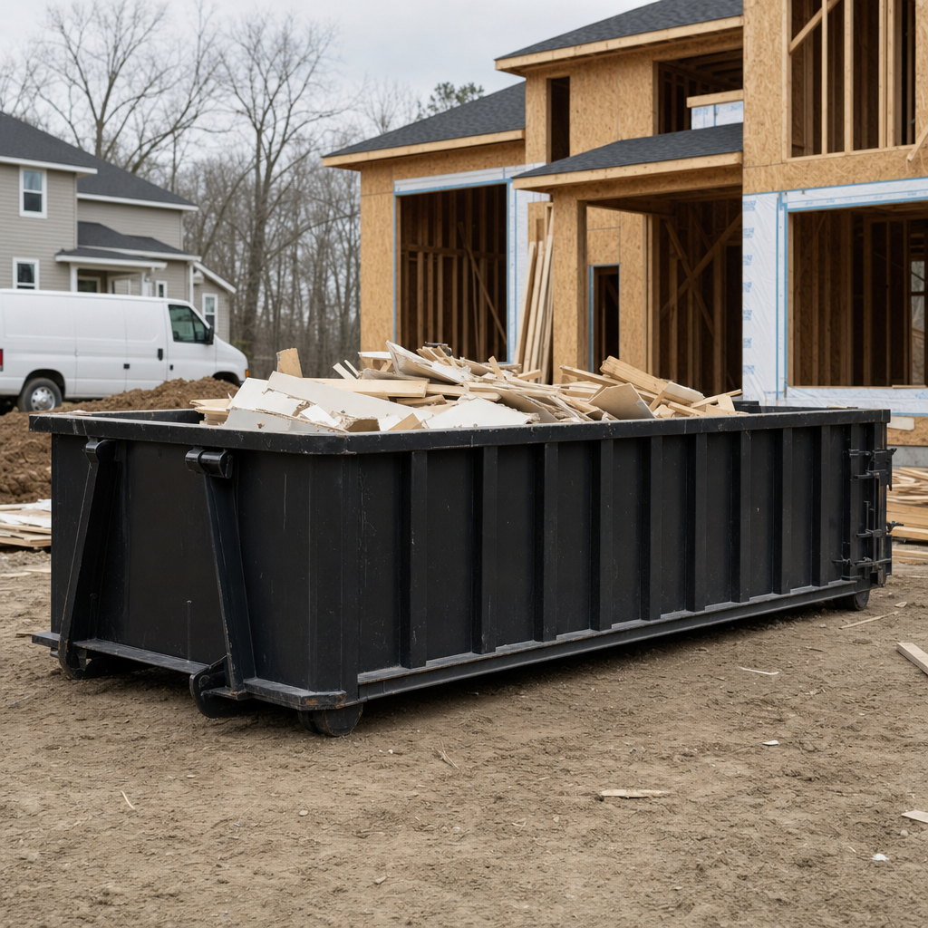Worker in a yellow high-visibility vest tossing framing lumber and broken drywall into a matte-black 30-yard construction roll-off dumpster on an active build site in Elk Grove, bright daylight