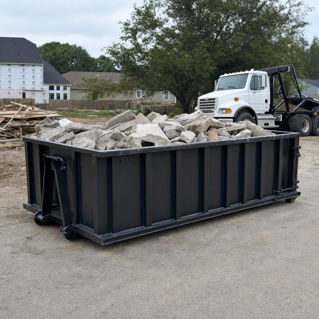 Low-profile matte-black lowboy roll-off dumpster loaded with broken concrete slab and rebar at a foundation tear-out in Elk Grove, skid steer parked beside it, sunny Colorado morning
