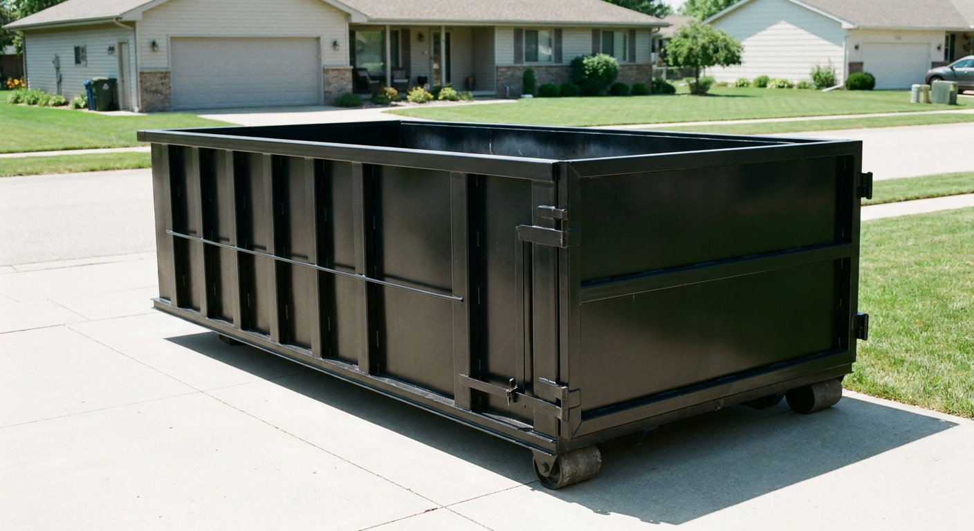 Matte-black 10-yard roll-off dumpster on a residential concrete driveway in Elk Grove, uniformly painted matte black across every panel and rail, ribbed steel sidewalls and rear swing door visible, mid-day daylight.