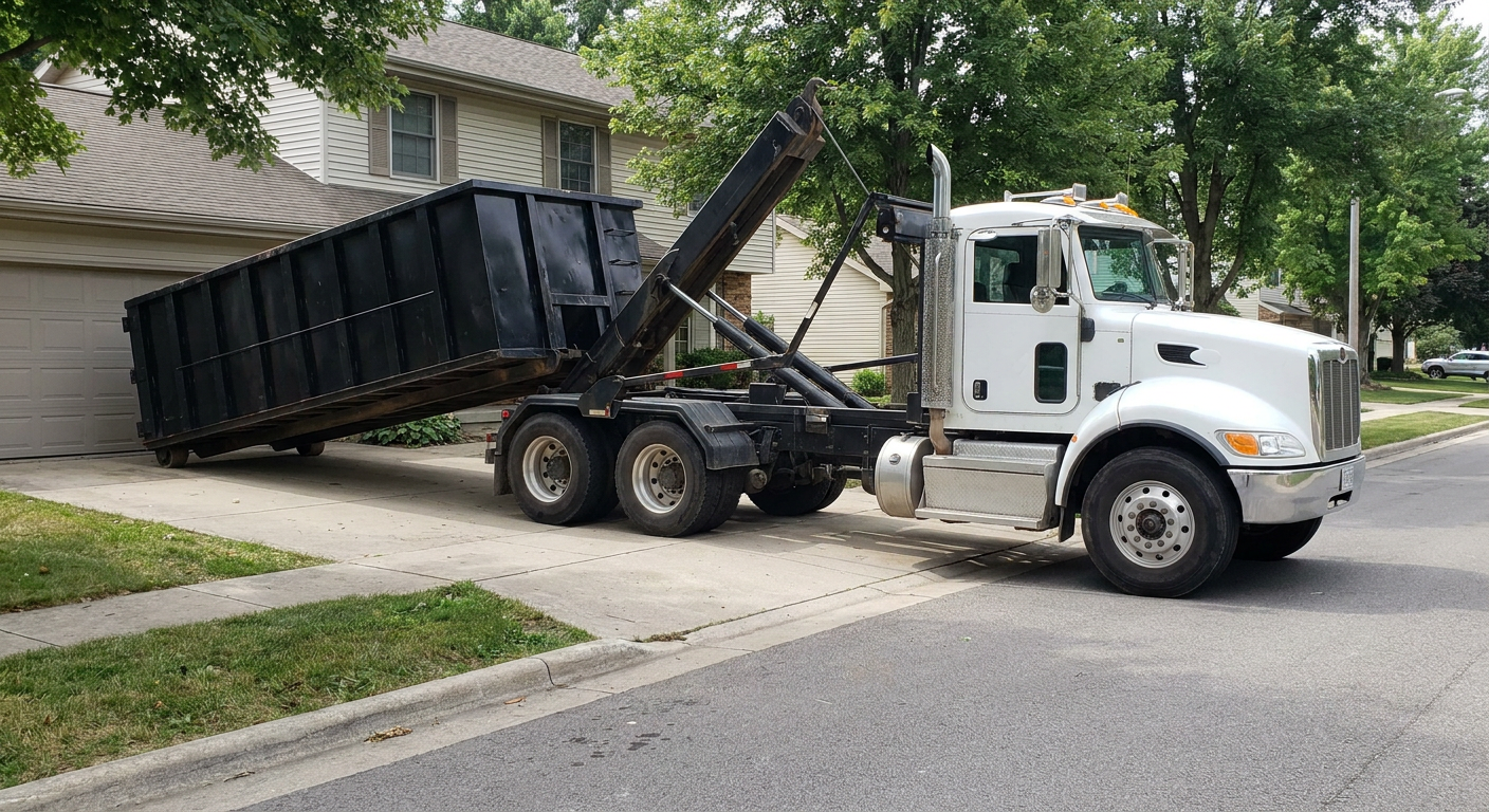 White-cab hooklift roll-off truck actively lowering a matte-black dumpster onto a Elk Grove residential concrete driveway, the dumpster's rear wheels touching the driveway as the hoist arm tilts the bed forward, mid-morning daylight.