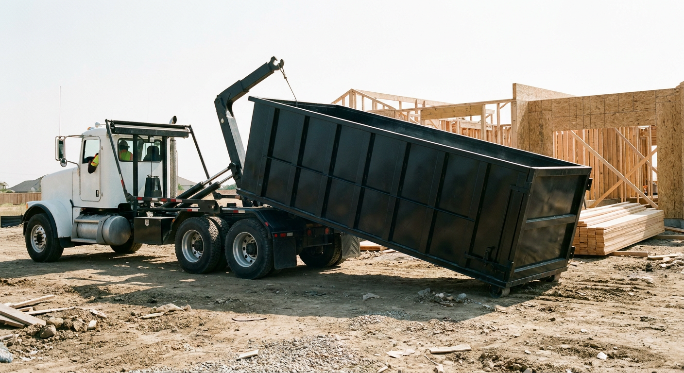 Matte-black roll-off dumpster being delivered onto a clean residential concrete driveway in Elk Grove by an unmarked white hooklift hauler truck, bright morning daylight, documentary 35mm perspective.