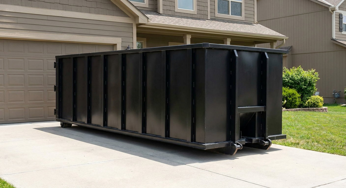 Matte-black residential roll-off dumpster sitting directly on a suburban Elk Grove concrete driveway, garage door closed, single-family home in background, bright morning daylight.
