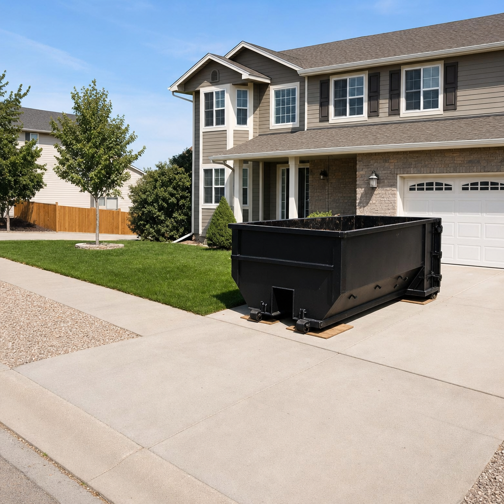 10-yard matte-black residential dumpster placed directly on a narrow Elk Grove concrete driveway, room remains for a parked sedan beside it, mid-morning natural light