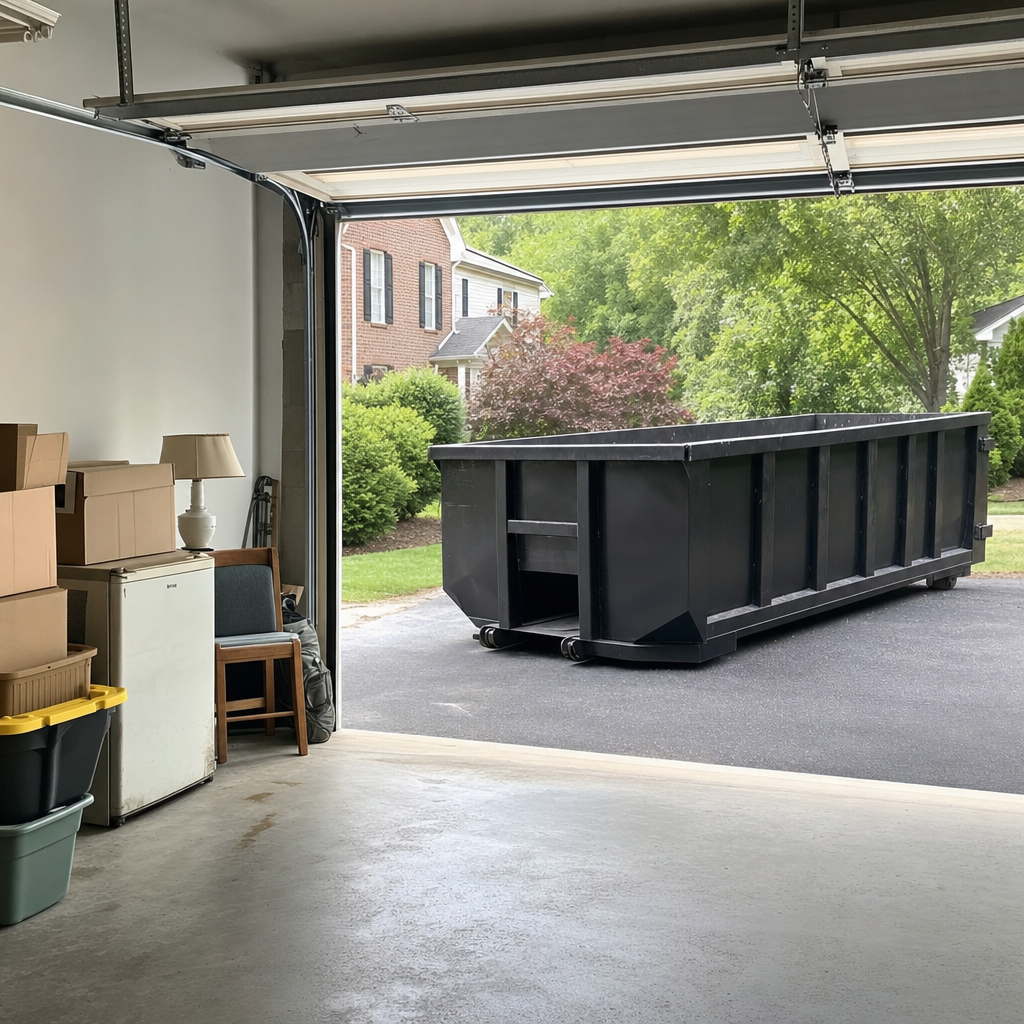 Open garage interior in a Elk Grove home mid-cleanout — boxed items, an old appliance, and stacked yard tools queued near the driveway for a matte-black roll-off dumpster, organized and calm