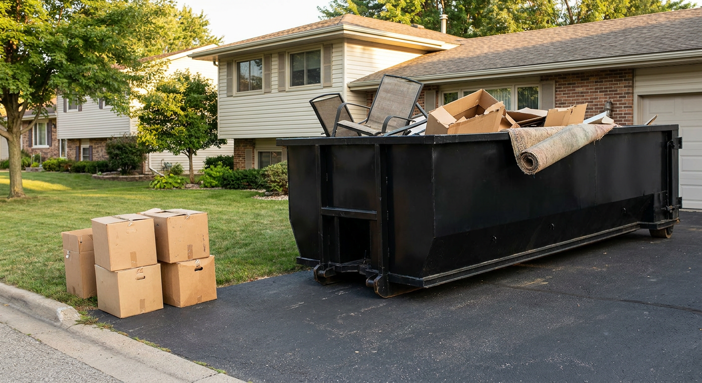 Front-yard view of a Elk Grove split-level home with a 20-yard matte-black roll-off dumpster sitting directly on the asphalt driveway, a few clearly labeled donation boxes staged at the curb, calm sunny afternoon.