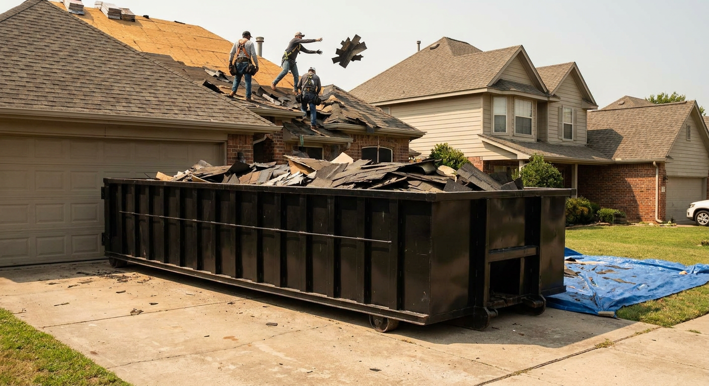 Matte-black roofing roll-off dumpster placed directly on a Elk Grove residential concrete driveway, a tear-off crew on a two-story asphalt-shingle roof tossing shingle bundles into the low-walled container, bright daylight, documentary 35mm perspective.