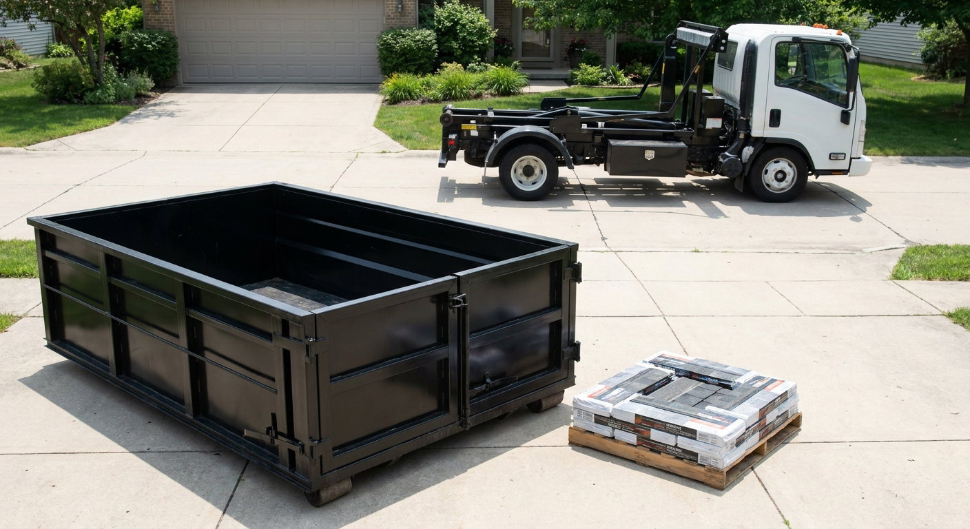 Matte-black 15-yard roofing roll-off dumpster with reinforced low side walls sitting directly on a Elk Grove residential concrete driveway, three-tab asphalt shingle bundles stacked nearby, an unmarked white hauler truck partially visible at the edge of the frame.