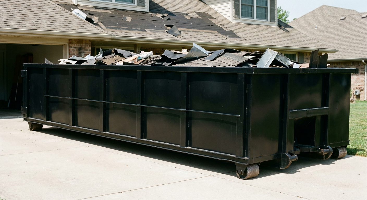 Matte-black 20-yard roofing roll-off dumpster with steel ribbed sides and swinging rear door, sitting directly on the concrete driveway of a two-story Elk Grove home, asphalt shingle debris being loaded over the low wall, clean documentary lighting.