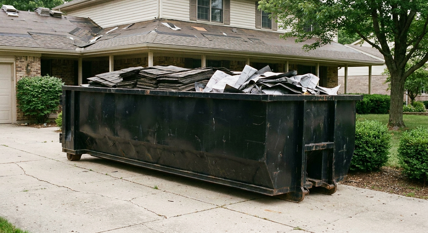 Matte-black 30-yard roofing roll-off dumpster sitting directly on a Elk Grove concrete driveway, taller ribbed steel side panels, mixed tear-off debris of asphalt shingles and underlayment inside, professional documentary daylight.