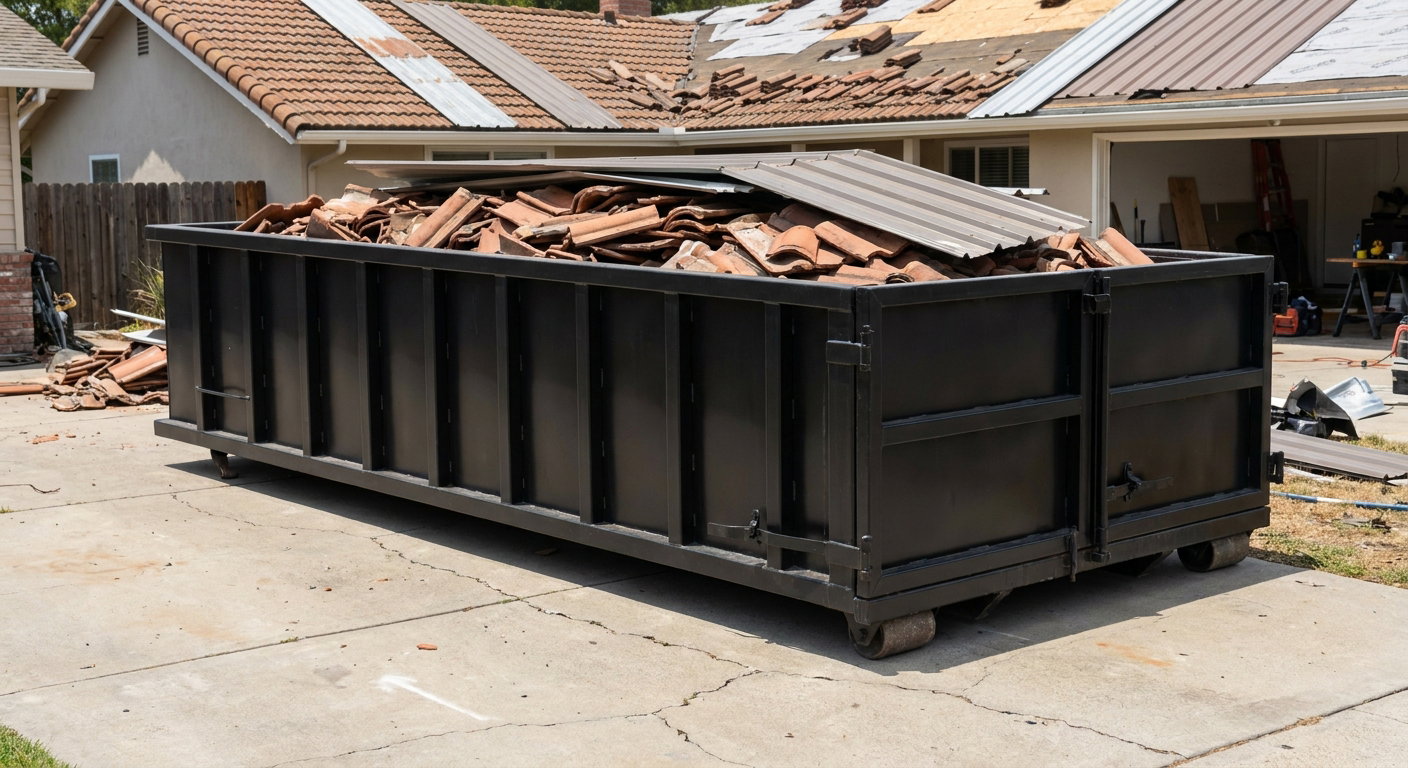 Matte-black low-wall heavy-debris roofing roll-off dumpster sitting directly on a Elk Grove concrete driveway, broken concrete clay roof tiles and metal panel sections loaded inside, reinforced ribbed steel side walls visible, bright outdoor daylight.