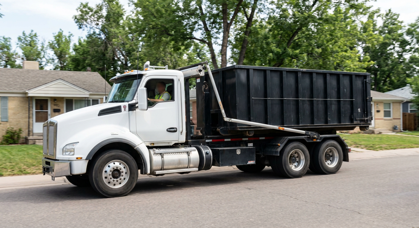 A wide documentary shot of a matte-black roll-off delivery truck pulling onto a quiet Elk Grove residential street at mid-morning, with neighborhood rooftops and tree-lined blocks visible behind, showing the metro coverage footprint.