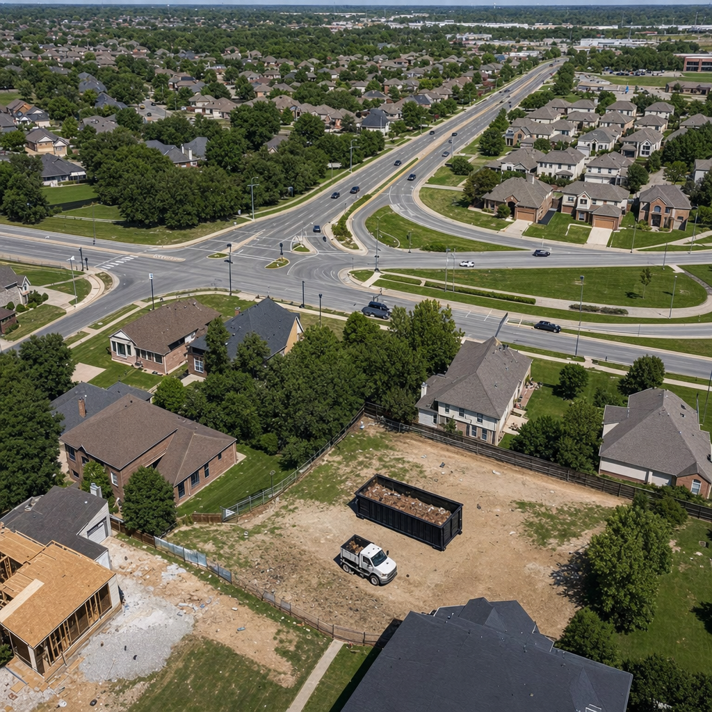An overhead documentary view of the Elk Grove metro area at midday, showing the spread of neighborhoods, arterial roads, and the dispatch radius from a central yard — clean daylight, organized geographic layout.