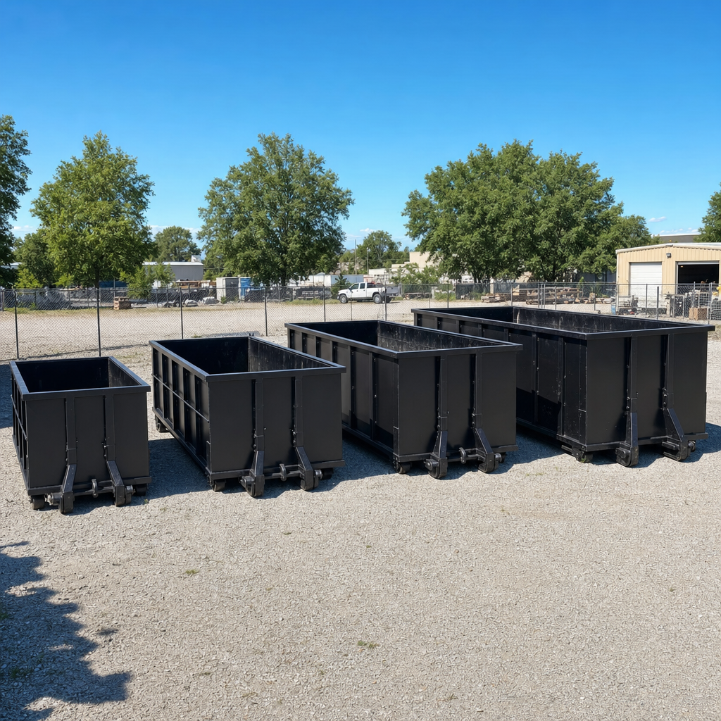 A clean lineup of matte-black roll-off dumpsters in 10, 20, 30, and 40-yard sizes staged on a sunlit gravel yard in Elk Grove, showing the size progression from compact to commercial-scale containers.