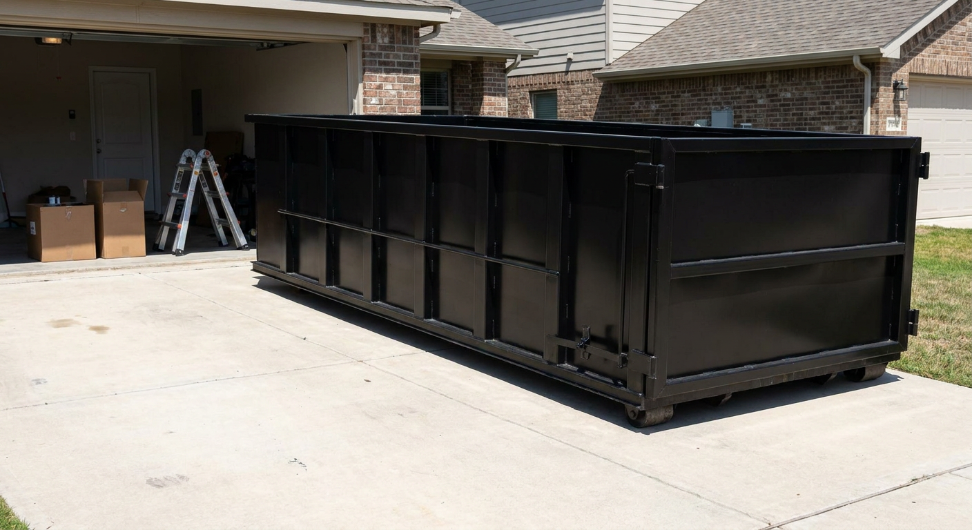 A matte-black 10-yard roll-off dumpster sitting directly on a residential Elk Grove concrete driveway, mid-day sunlight, clean and ready for a garage cleanout.