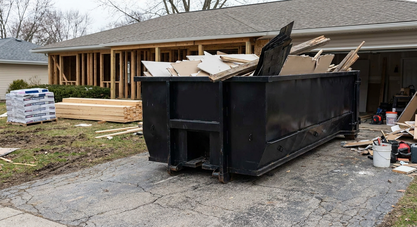 A matte-black 20-yard roll-off dumpster placed alongside a mid-renovation Elk Grove home directly on the asphalt driveway, with framing materials and torn-off shingles staged neatly nearby.