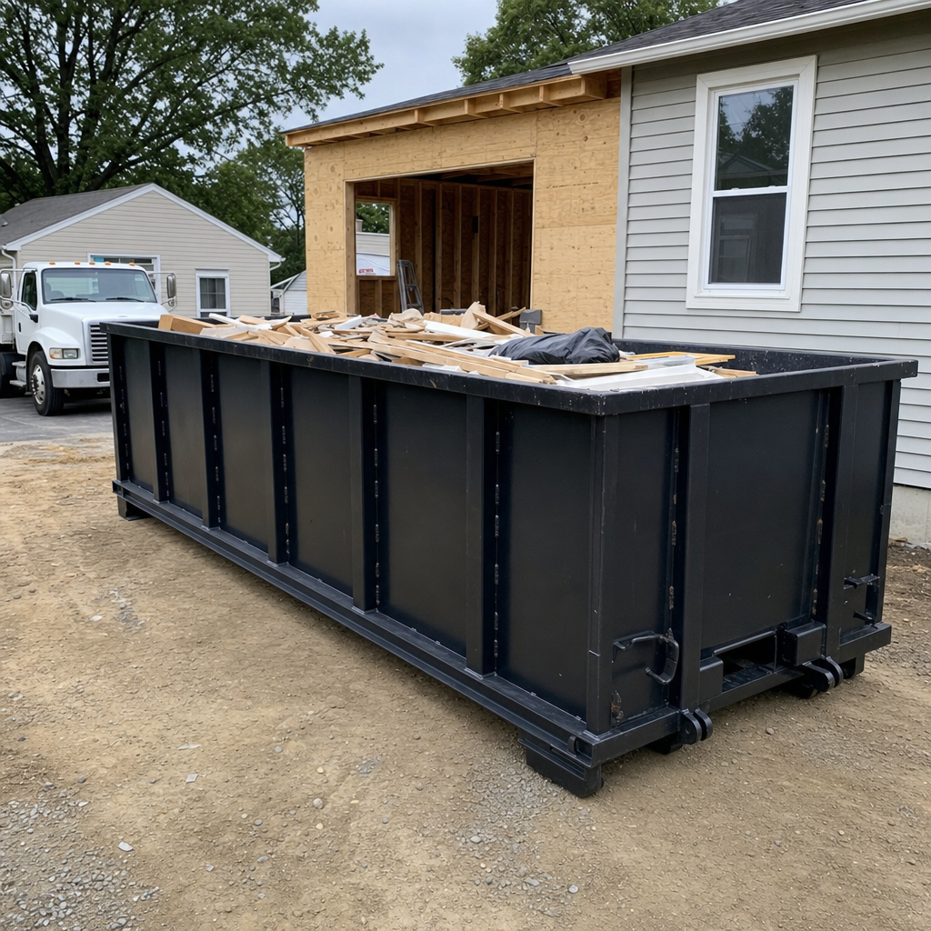 A matte-black 30-yard roll-off dumpster positioned at a Elk Grove residential addition jobsite, with framing lumber and drywall scraps loaded through the open swinging rear doors.