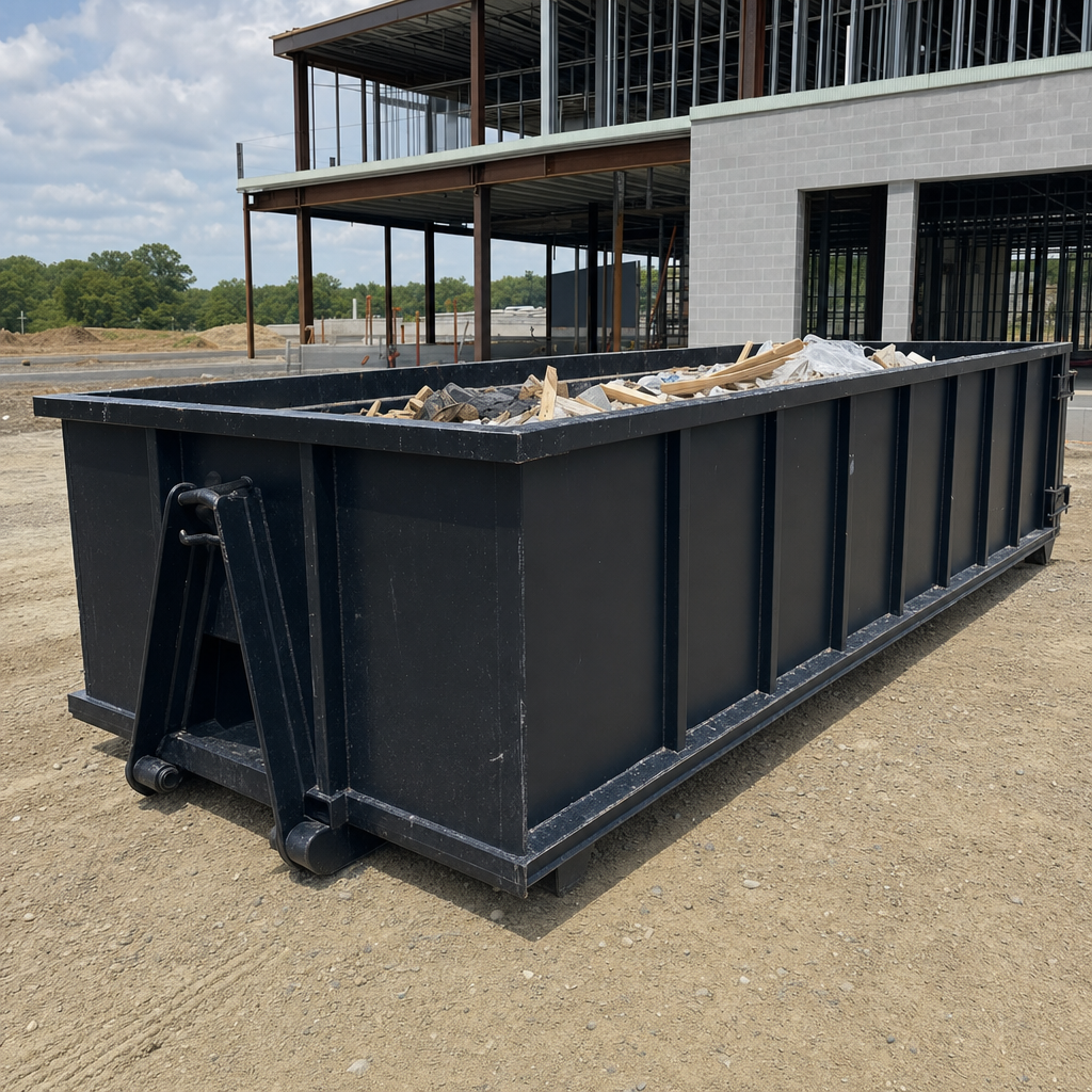 A matte-black 40-yard roll-off dumpster staged on a large Elk Grove commercial construction lot, with a hooklift delivery truck parked alongside under bright midday sky.
