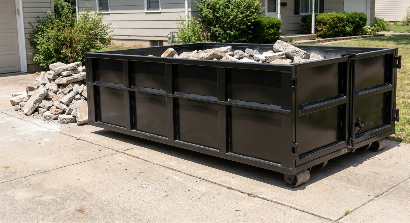 A matte-black low-side heavy-debris roll-off dumpster placed directly on a Elk Grove concrete driveway, with broken concrete chunks neatly stacked beside it under clean daylight.